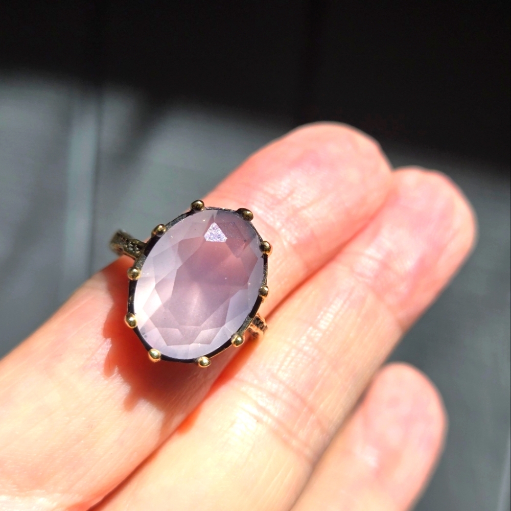 Rose quartz 12k Oval bronze Sterling & gold ring sz8
